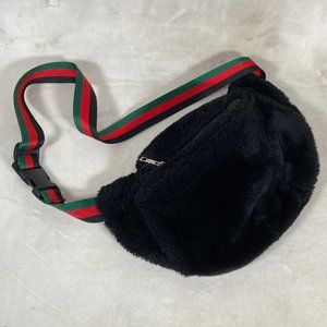 NWOT Black Plush Faux Fur African Black Red Green Ribbon Waist Crossbody Bag